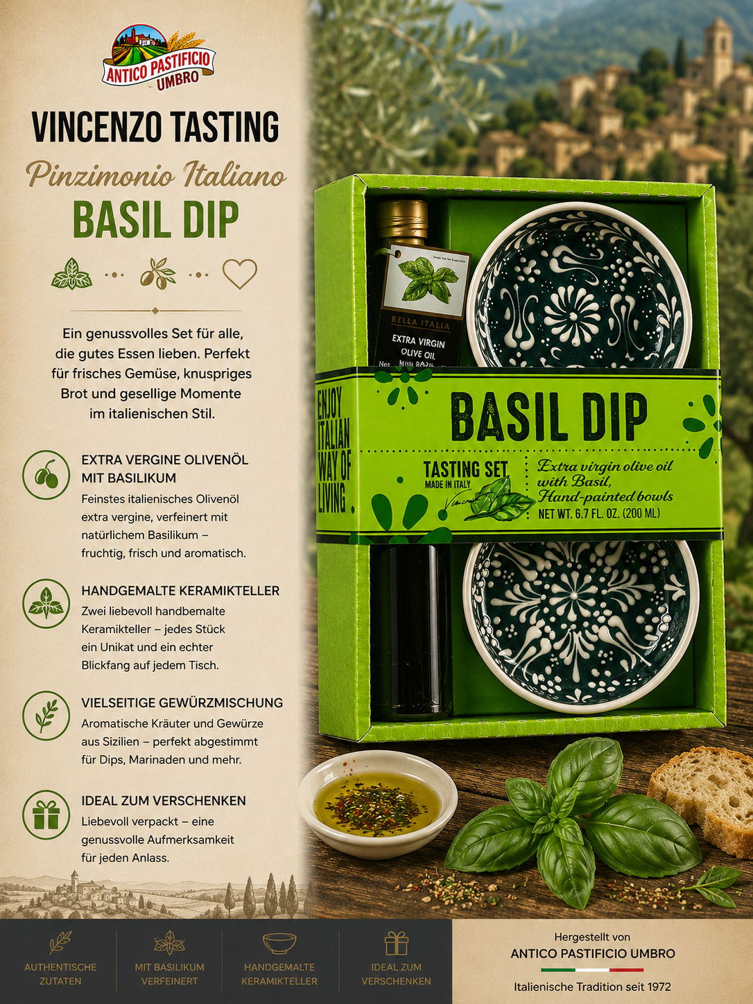 Basil Dip, Basilöl, Olivenöl, Keramikschalen, Geschenkset