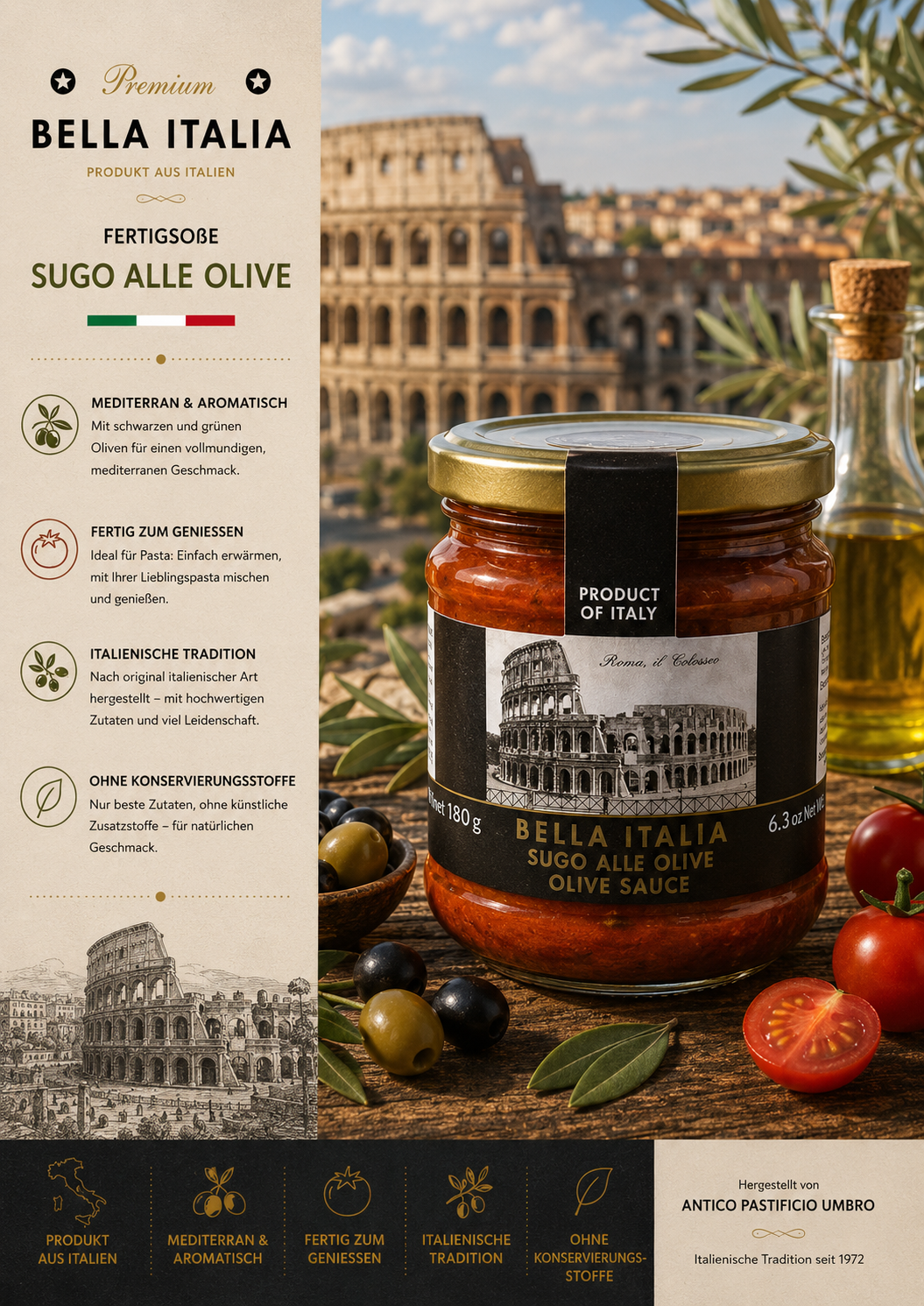 Olivensoße, Sugo, Glas jar, Italienisch, Bella Italia