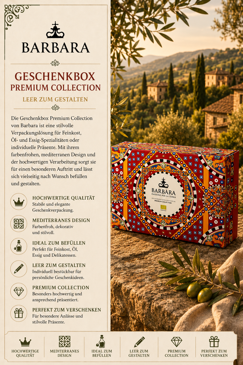 Geschenkbox, Premium Collection, Mediterranes Design, Barbara, Verpackungskarton