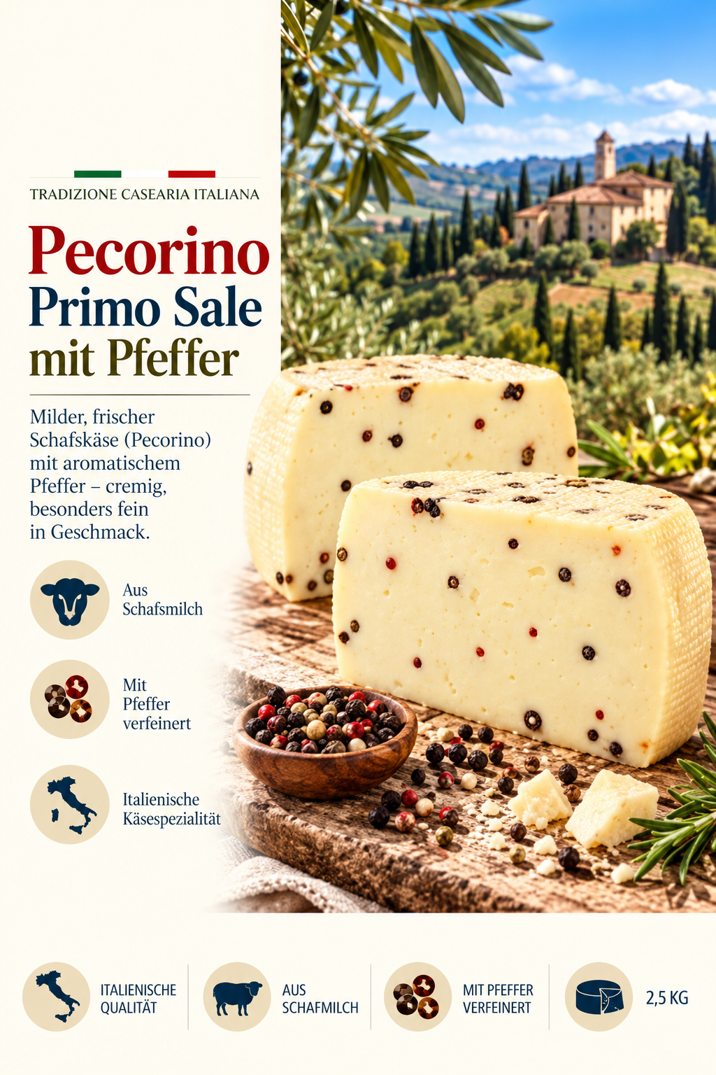 Käse, Pfefferkörner, Italienische Käsequalität, Schafmilch, 2,5 kg