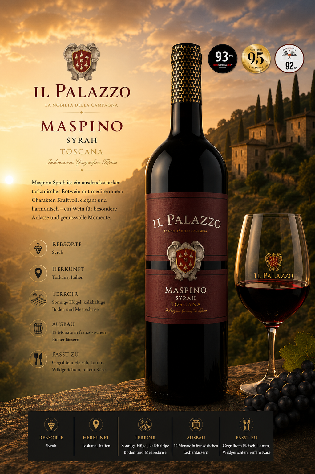 Wein, Rotwein, Masipino, Syrah, Toscana