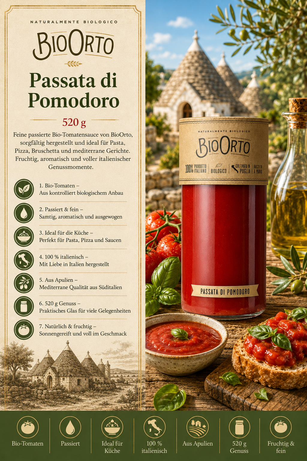 Tomatensauce, Passata, Bio/organic, 500 g, Glasbehälter