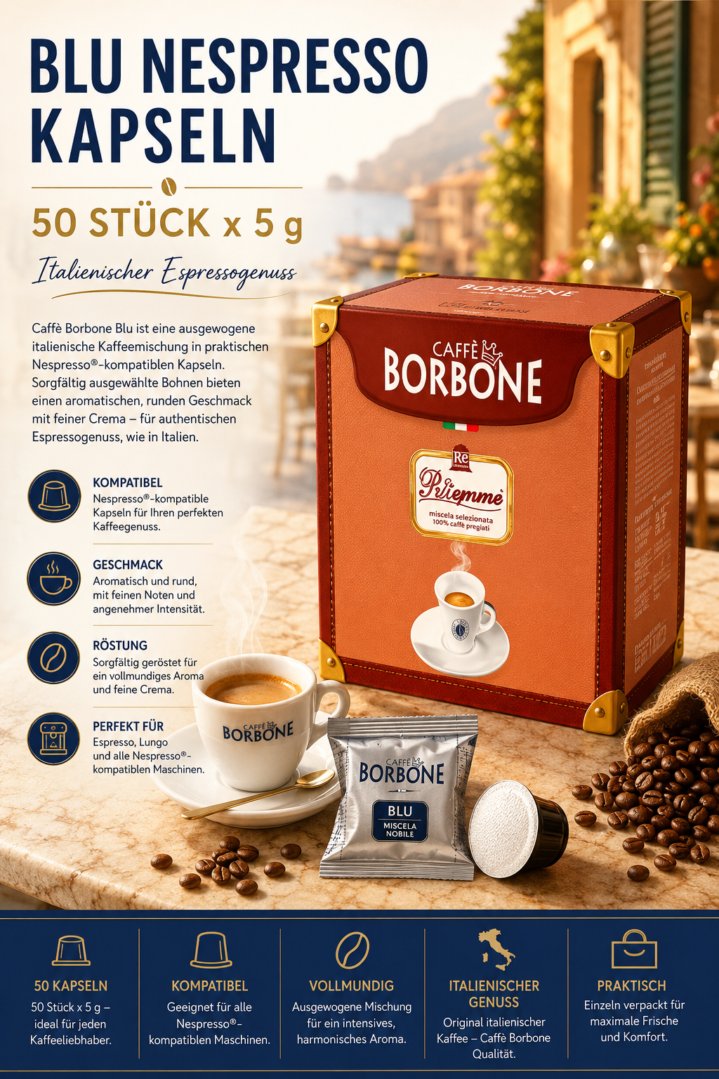 Kaffee Kapseln, Nespresso Kompatibel, Blaues Label, Kaffee Gemisch, 50 Stück x 5 g