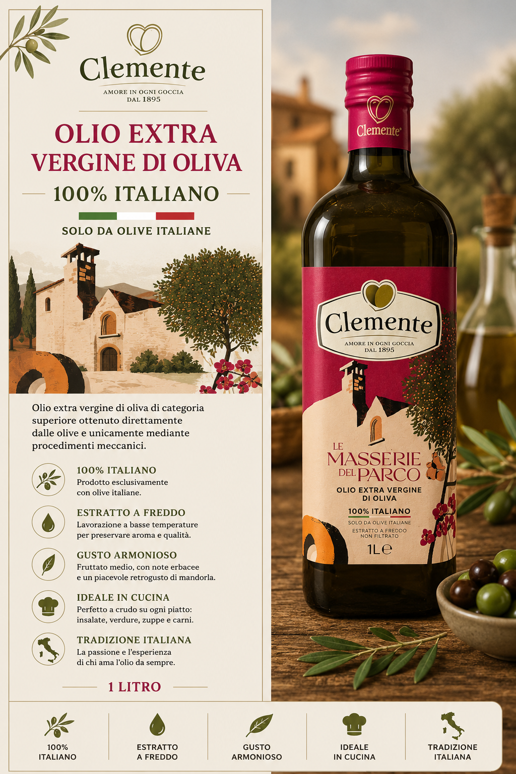 oliva extra vergine, olio extravergine, prodotto italiano, 1 litro, bottiglia olio