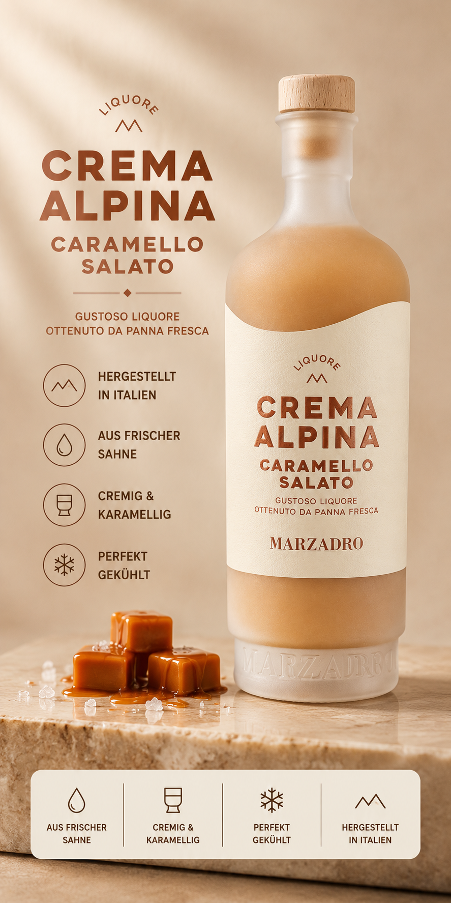 Likör, Crema Alpina, Karamell, Salato, Flasche