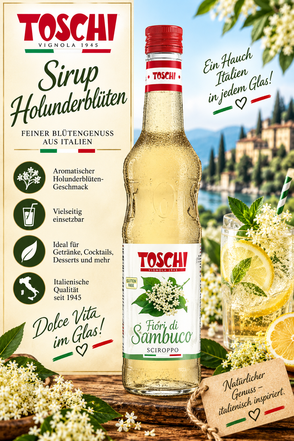 Sirup, Holunderblüten, Flasche, Glasgetränk, Italienisch-Inspirierte Mischung