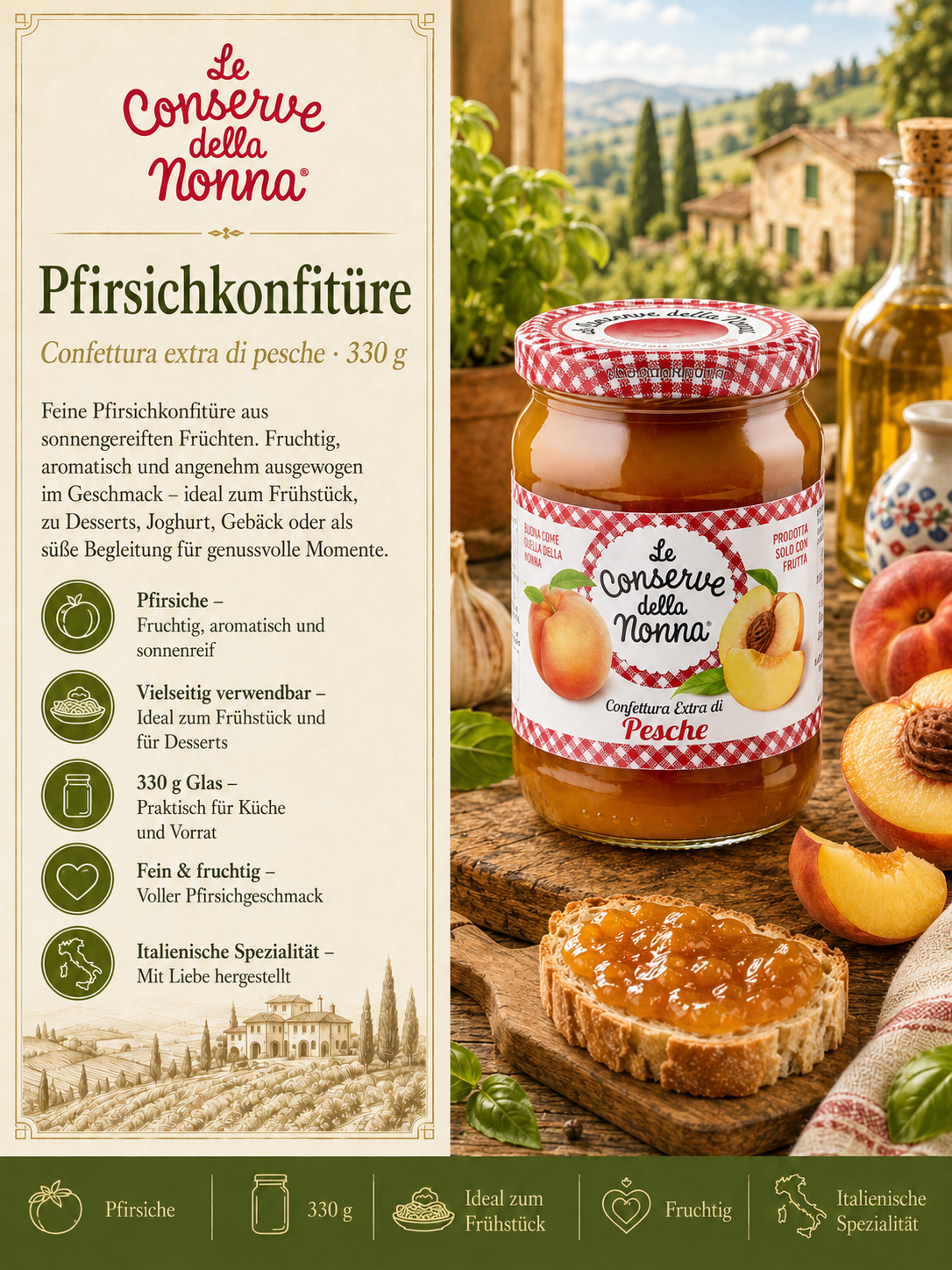 Pfirsichkonfitüre, Glas, Pfirsich, Fruchtkonfitüre, Italienische_Spezialität