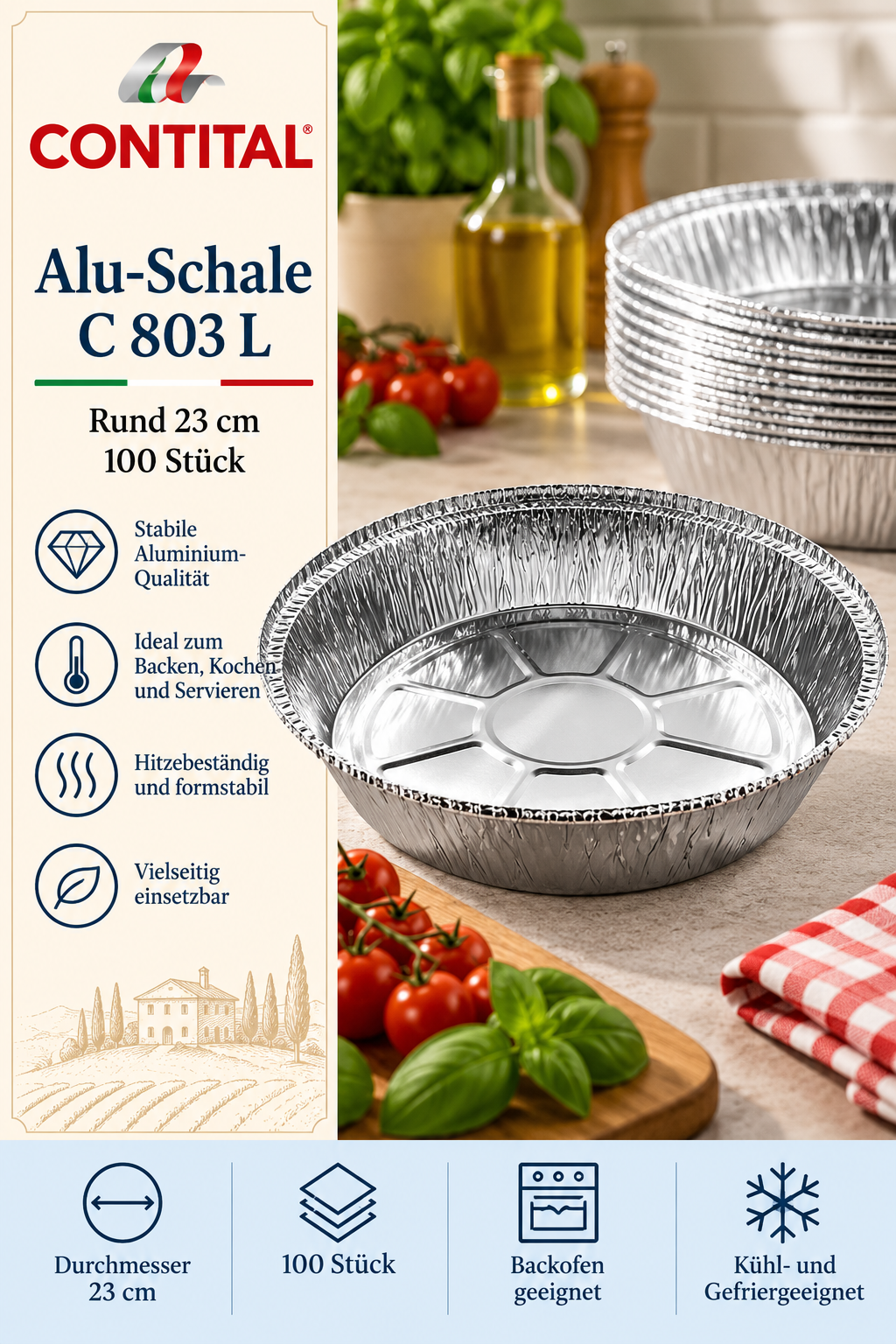 Alu-Schale, Rund 23 cm, 100 Stück, Backen geeignet, Stabiler Aluminium-Qualität