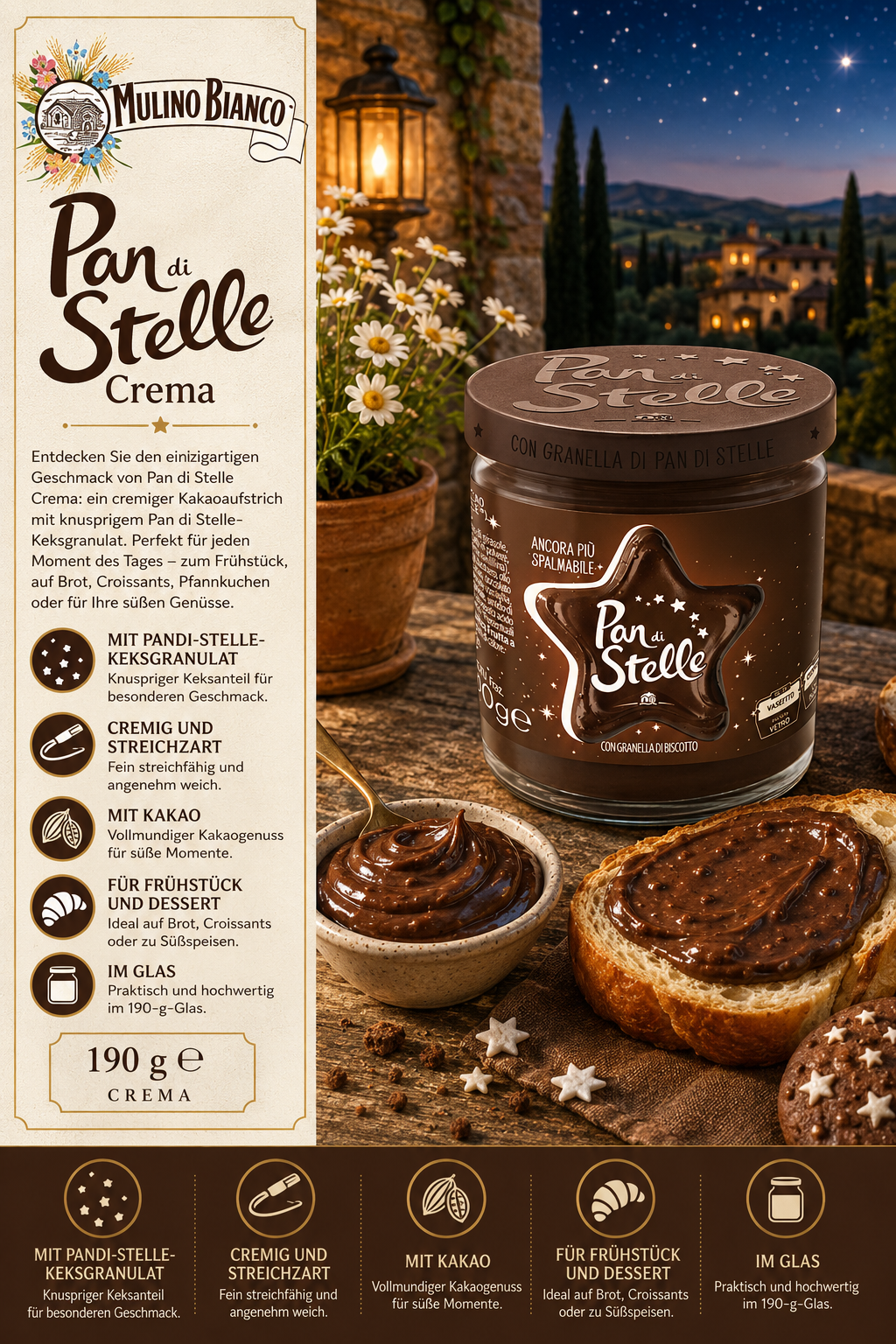 Pan di Stell Crema, Keksgranulat, Schokocreme, Bakery Spread, Glasbehälter