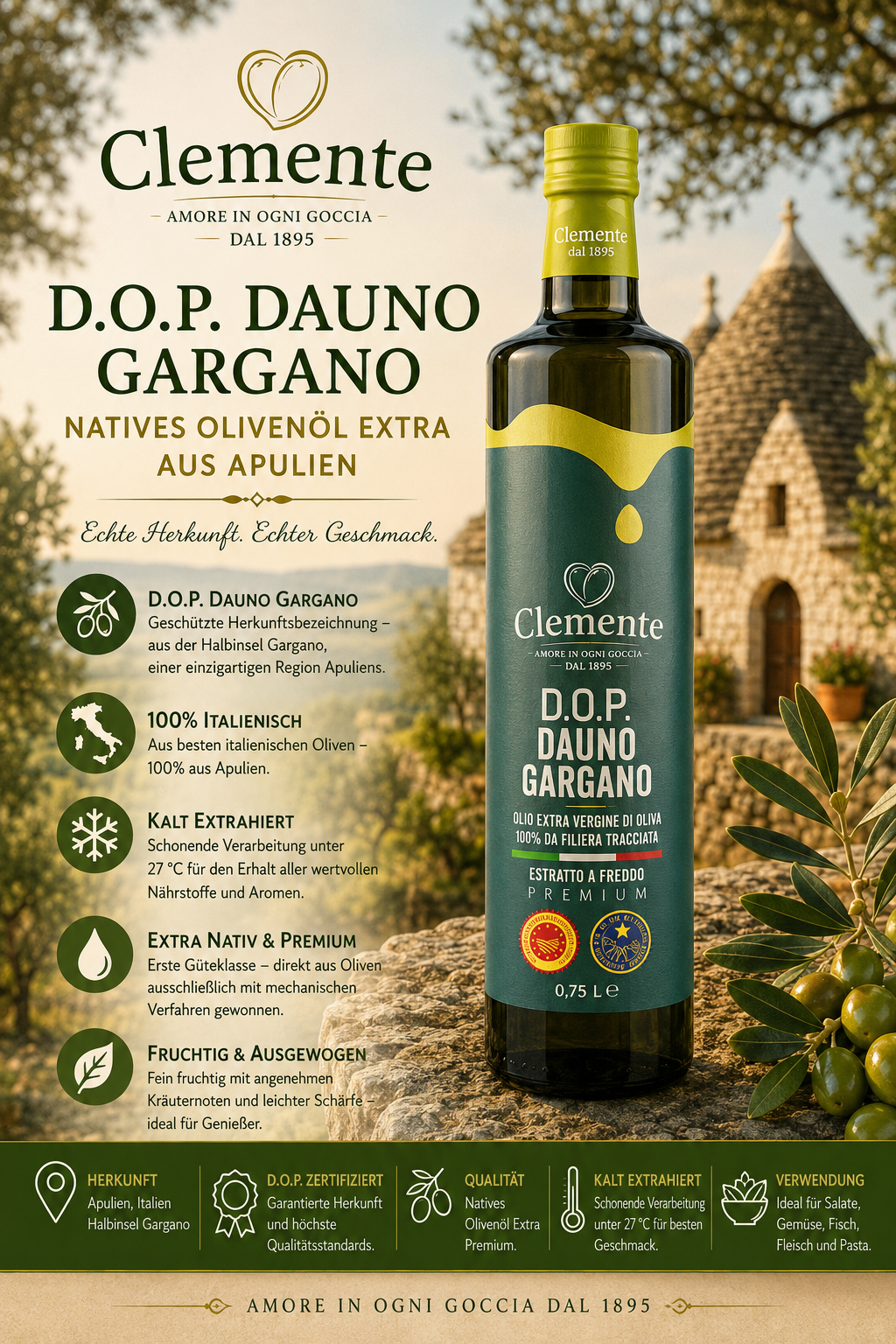 Olivenöl, Extrahärt, D.O.P., Gargano, Flasche