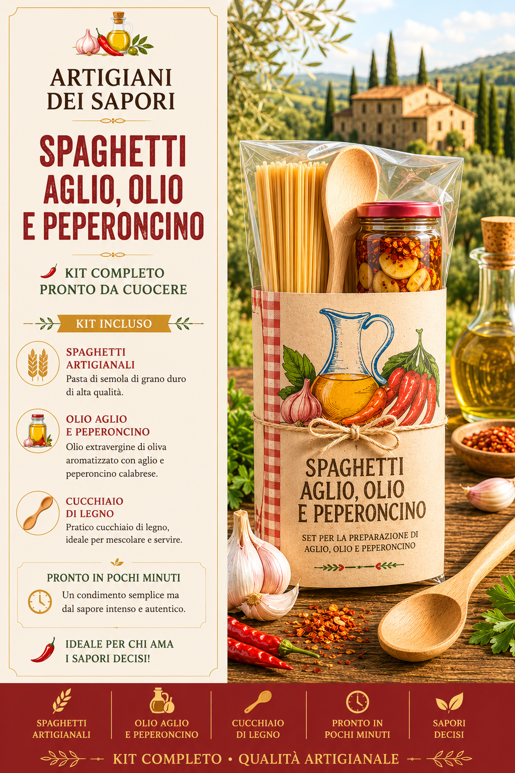 spaghetti, olio, peperoncino, kit completo, artigianale