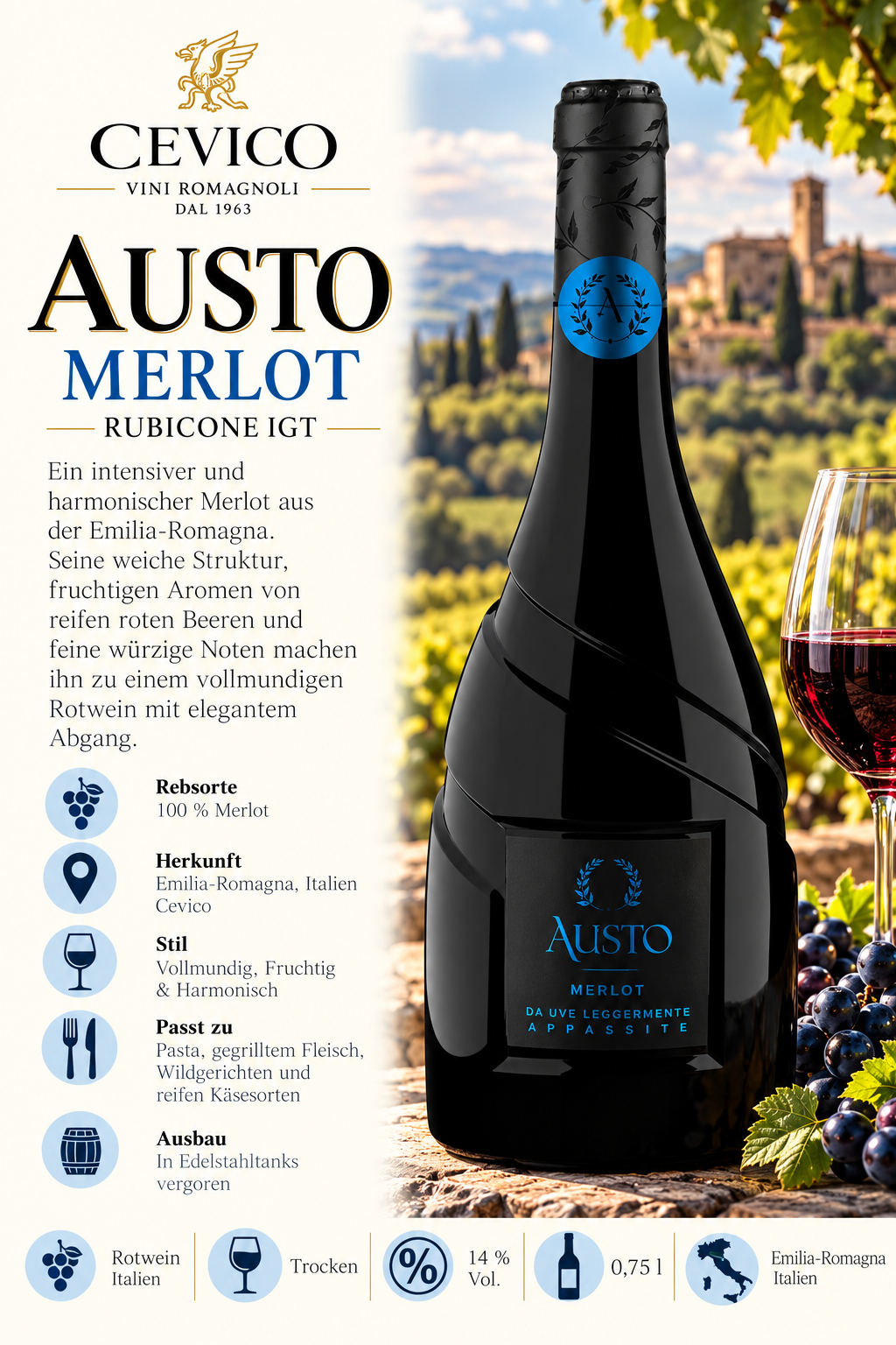 Merlot, Rotwein, Merlot-Rubicone, Emilia-Romagna, 750 ml