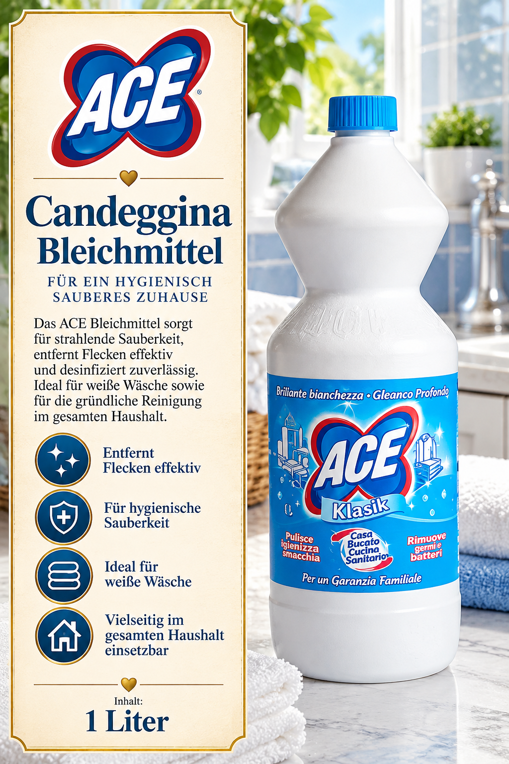 Bleichmittel, Waschmittel, Kartonverpackung, 1 Liter, Flasche