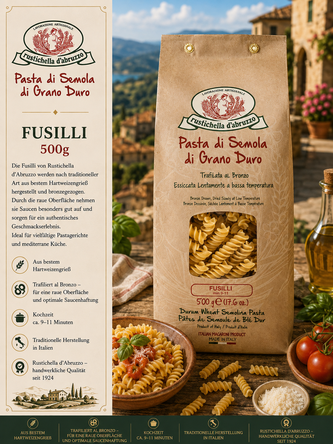 Pasta, Fusilli, 500g, Pasta di Semola, Italienische Pasta