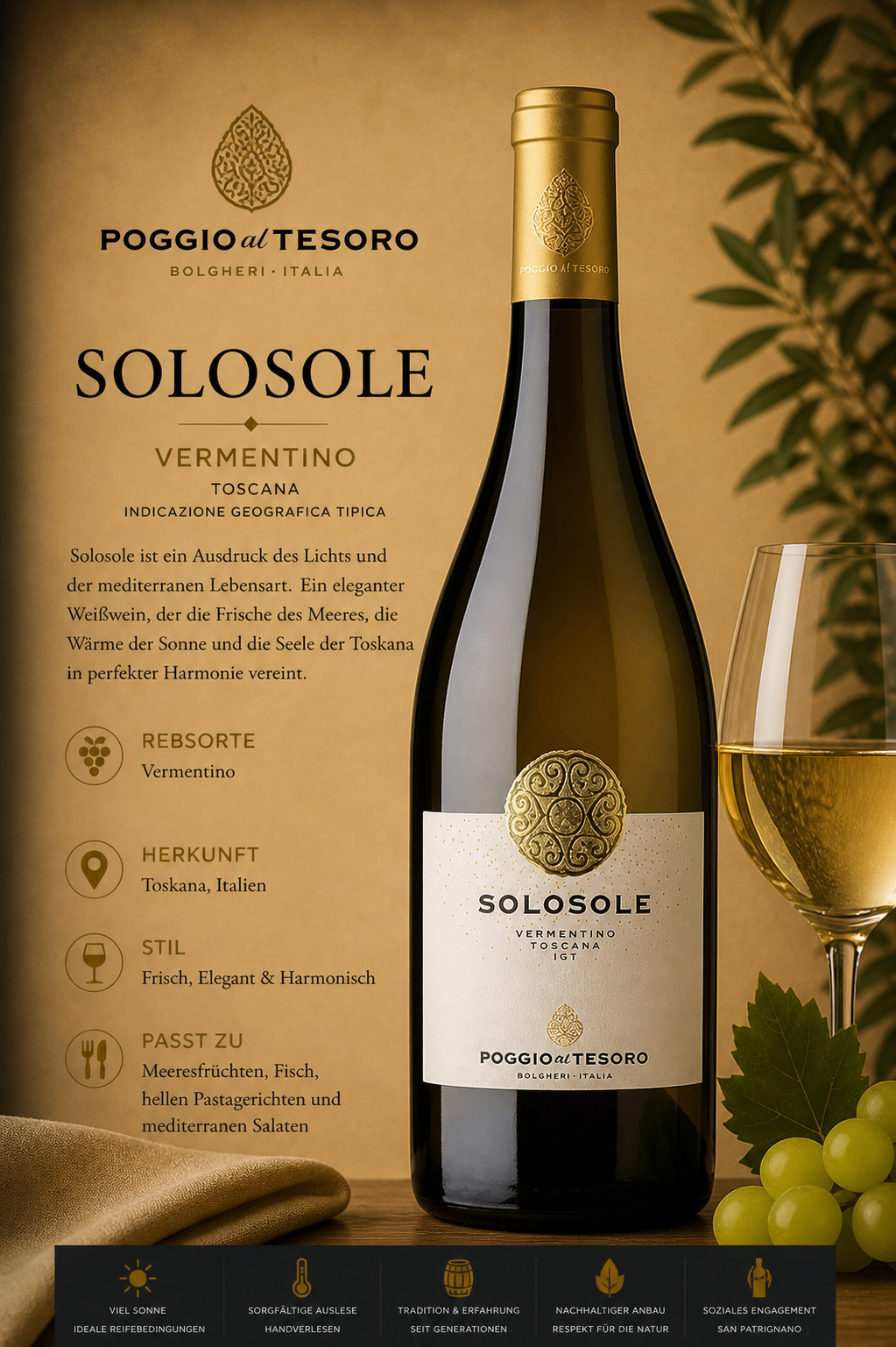 Vermentino, Soloso­le, Weißwein, Toscana, Flasche