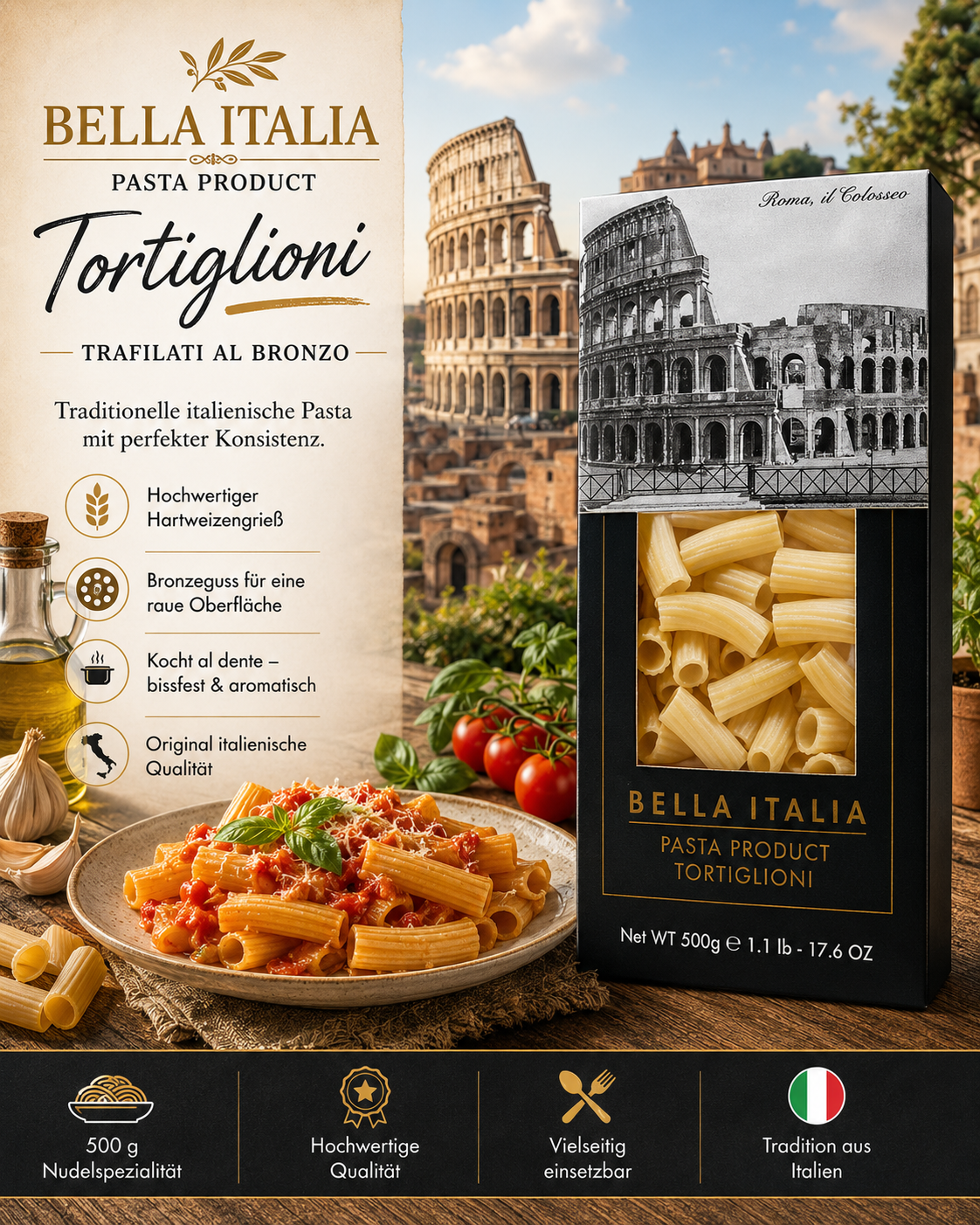 Pasta, Tortiglioni, Bronzeauszug, Nudelkaesegarn, Italienische Qualität