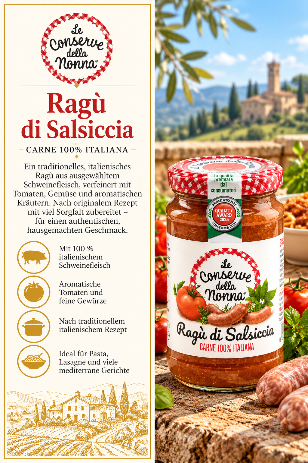 Ragù di Salsiccia, Carne 100% italiana, Tomaten, Gewürze, Glas jar