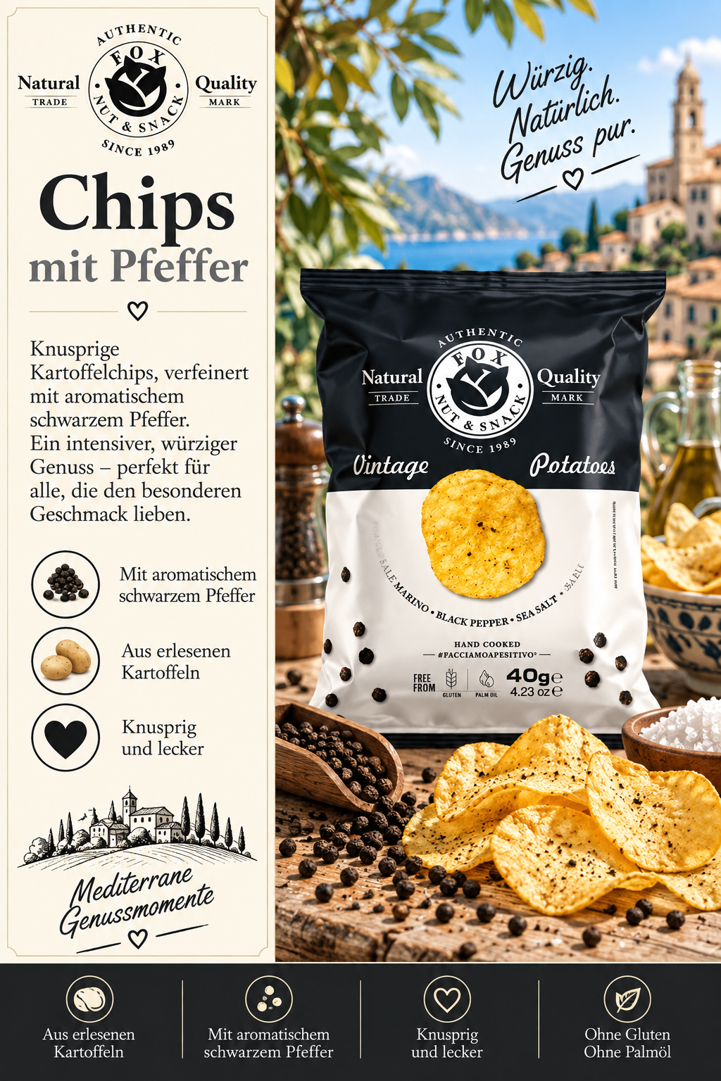 Kartoffelchips, Pfeffer, Schwarzpfeffer, Vintage-Verpackung, Chips