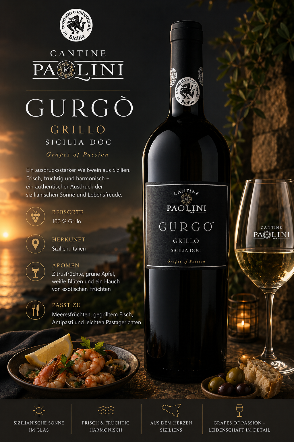 Weißwein, Gurgò, Grillo, Sizilien, Flasche