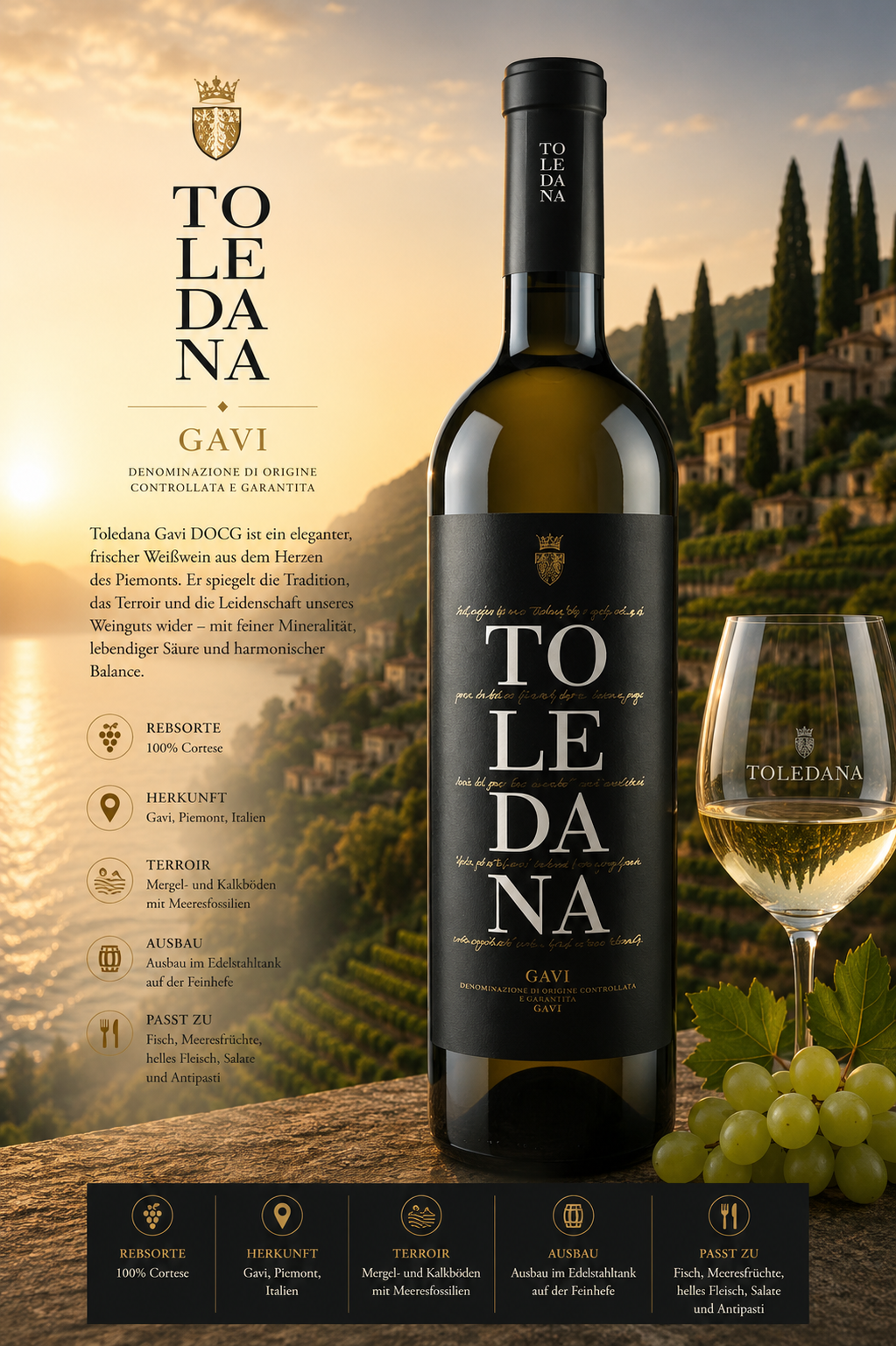 Weißwein, Gavi, Weißweinflasche, Terroir, Italienische Weinregion