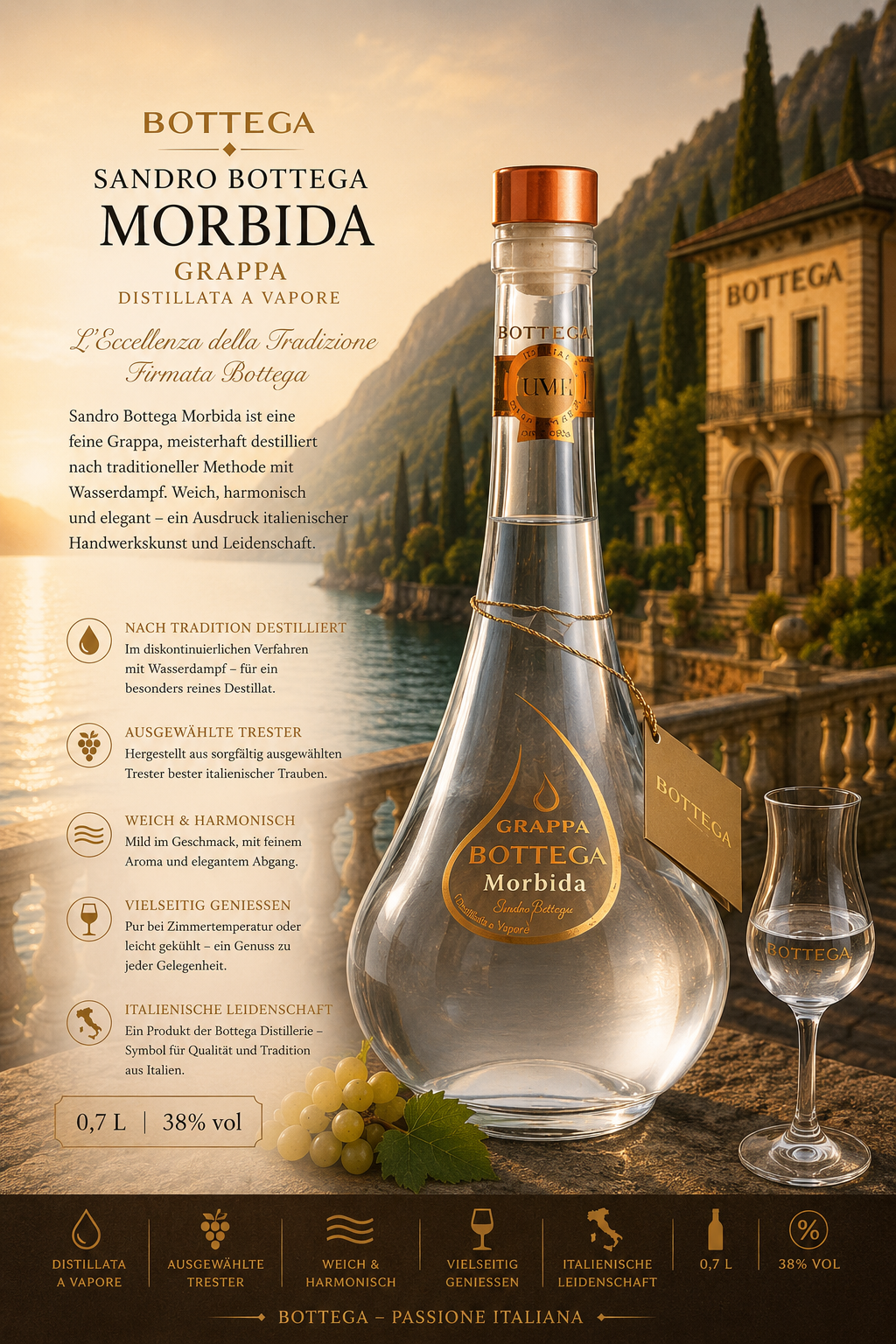 grappa, morbida, flasche, glas, destillat