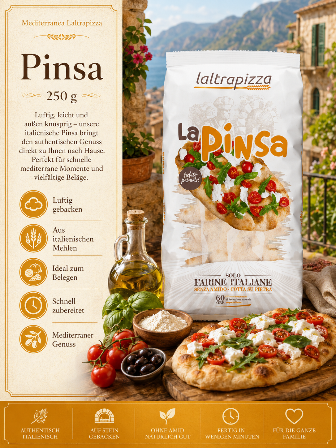 Pinsa, Pizza, Mehl, Olivöl, Tomate, Käse, Italienisch, Backware, Pinsa Brot, Mediterrane, Knusprig, Pizza Snack
