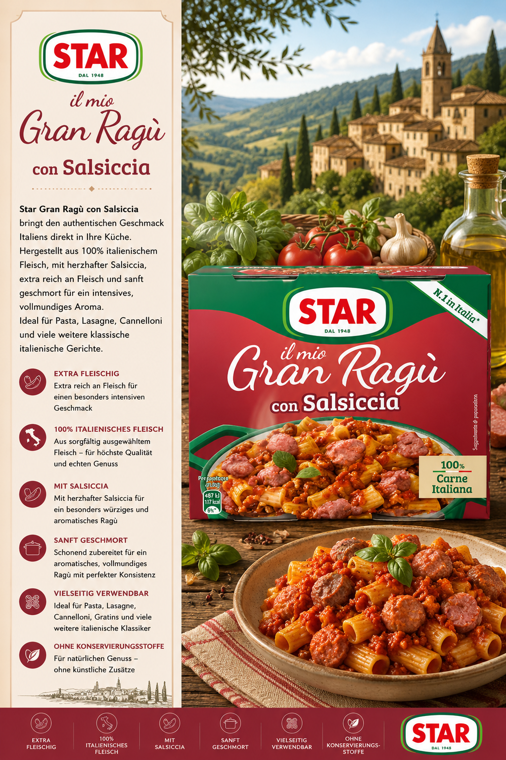 Gran Ragù, con Salsiccia, Pasta sauce, italienisches Fleisch, Star Markenetikett