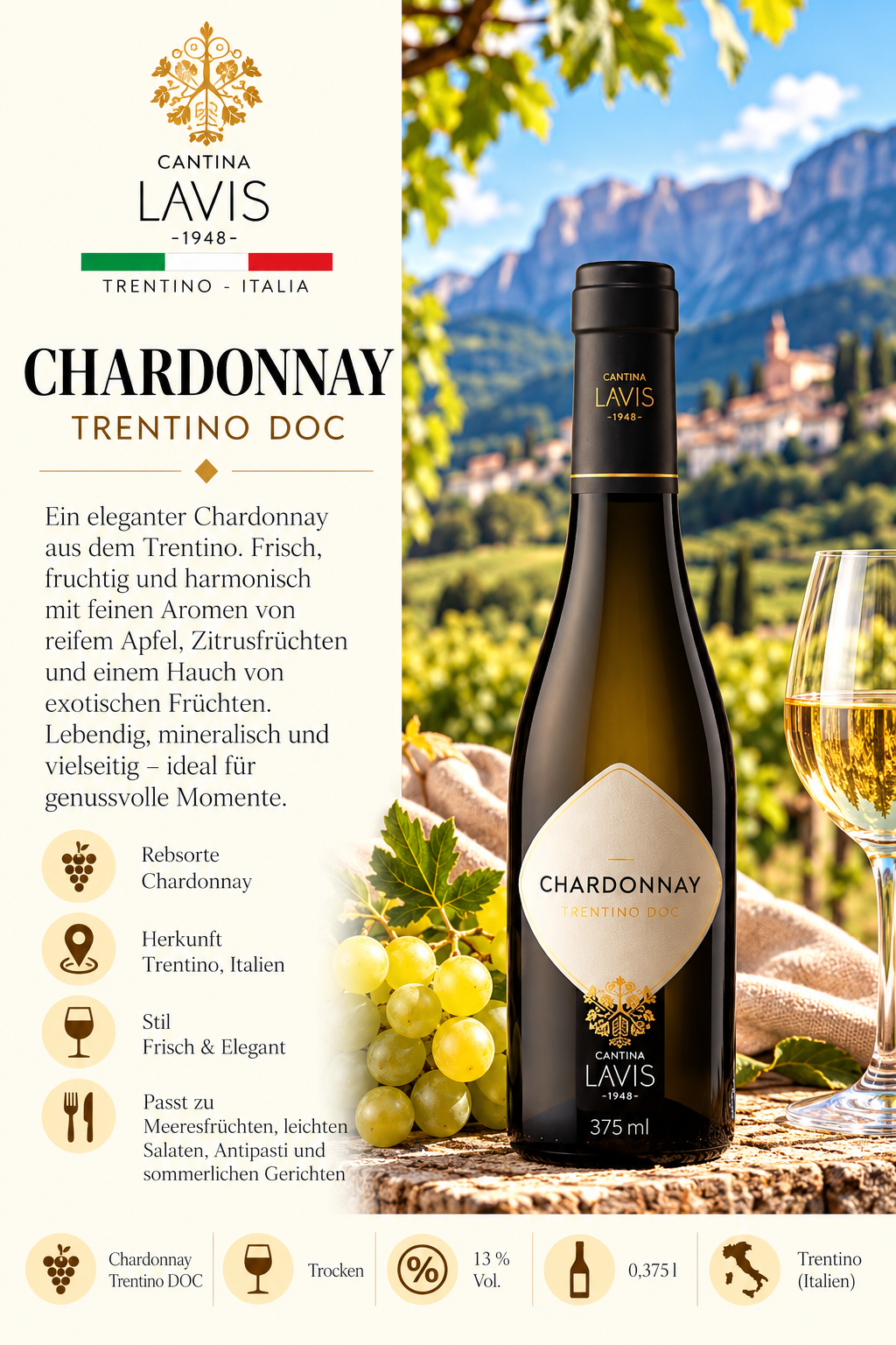 Chardonnay, Wein, Trentino, DOC, Flasche