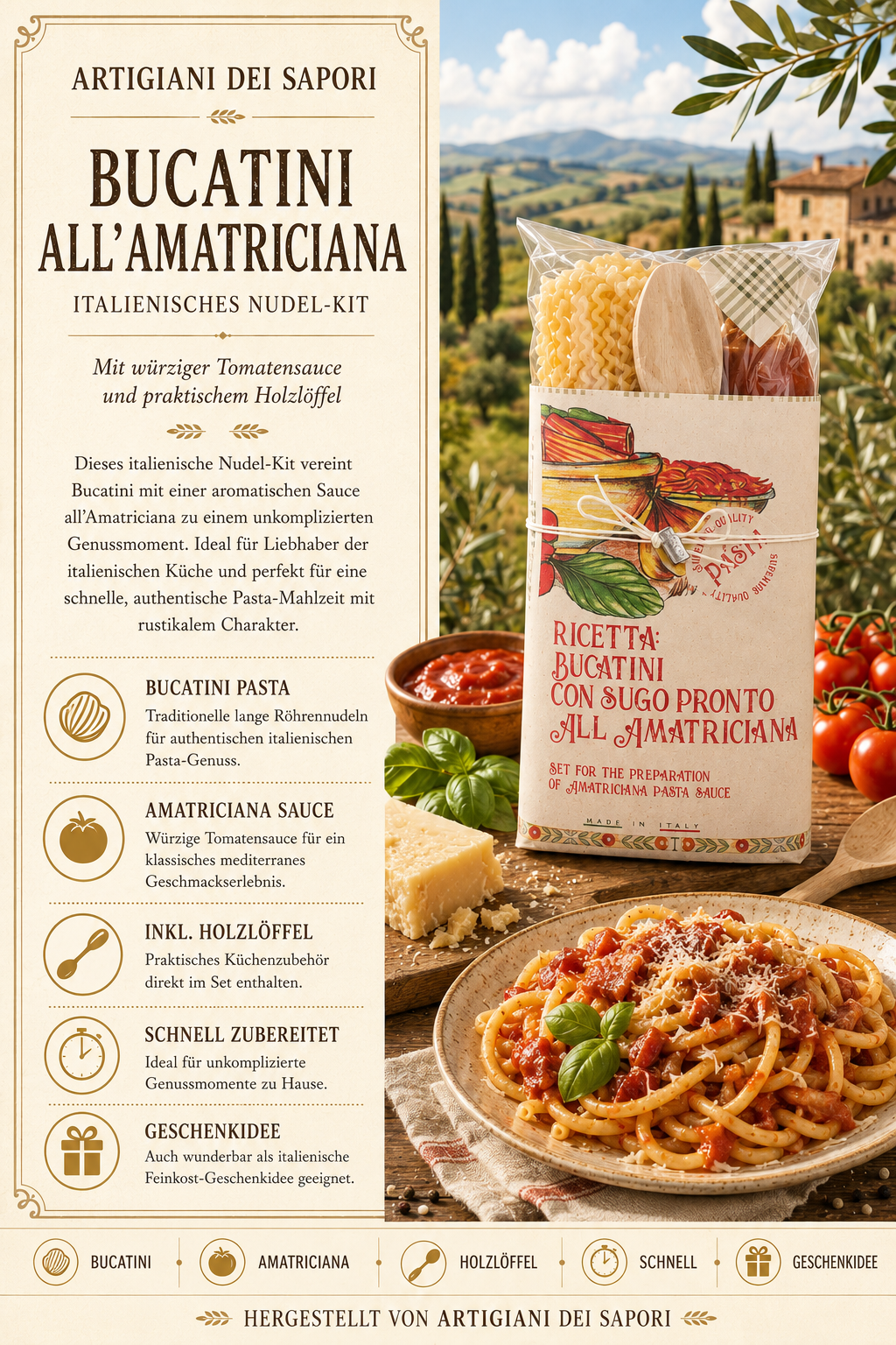 Pasta Kit, Nudel-Kit, Bucatini, Italienische Pasta, Amatriciana Sauce
