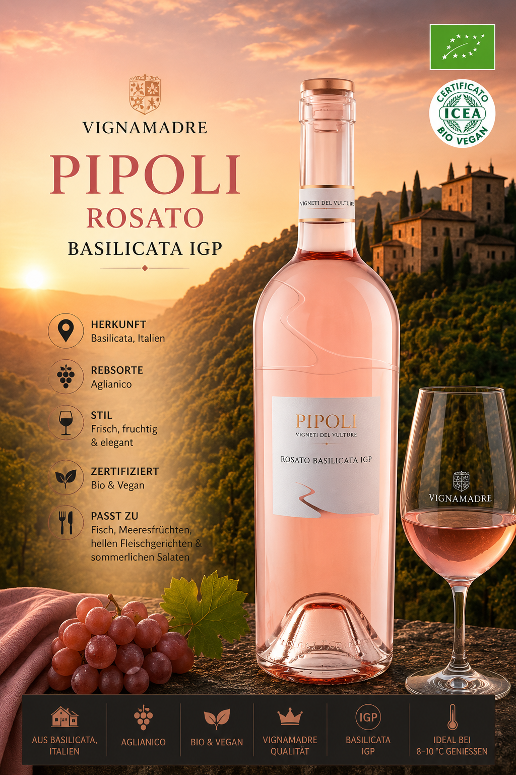 rosé Wein, Pipoli, Basilikata, IGP, bio vegan