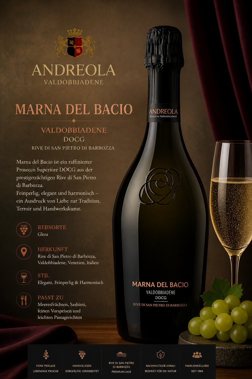 Sekt, Prosecco, Flasche, Glaswein, Etikett MARNA DEL BACCIO