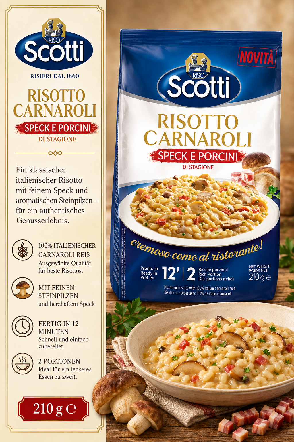risotto, carnaroli, speck, porcini, packaging
