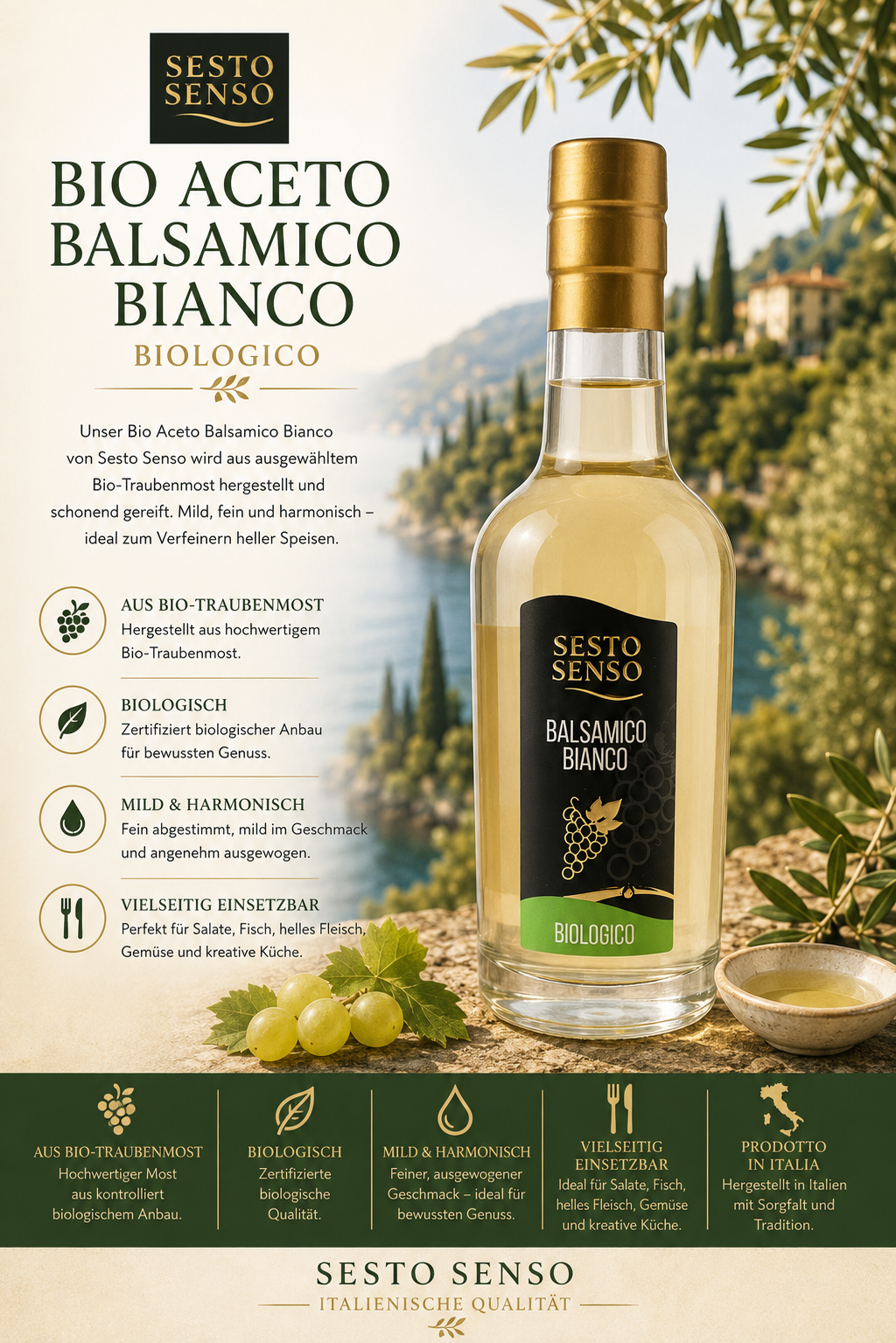Bio-Aceto Balsamico, Balsamico Bianco, Glasflasche, Olivengrafik, Italienische Qualität