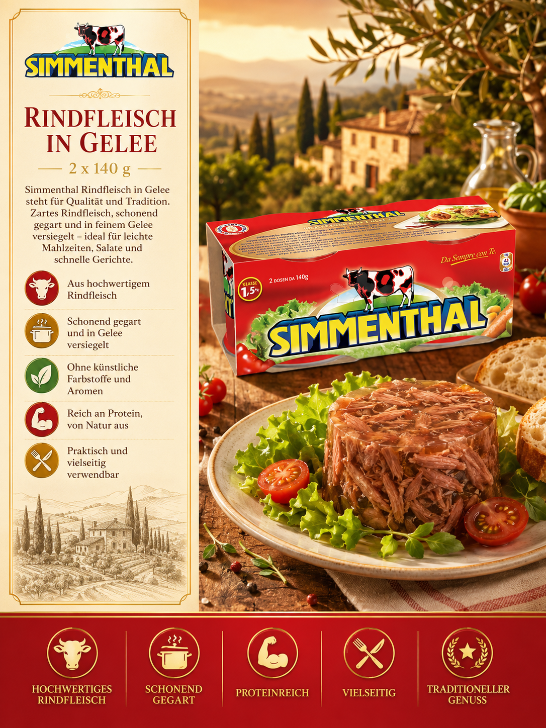 Rindfleisch, Gelee, Rindfleisch in Gelée, Simmenthal Verpackung, Konserven