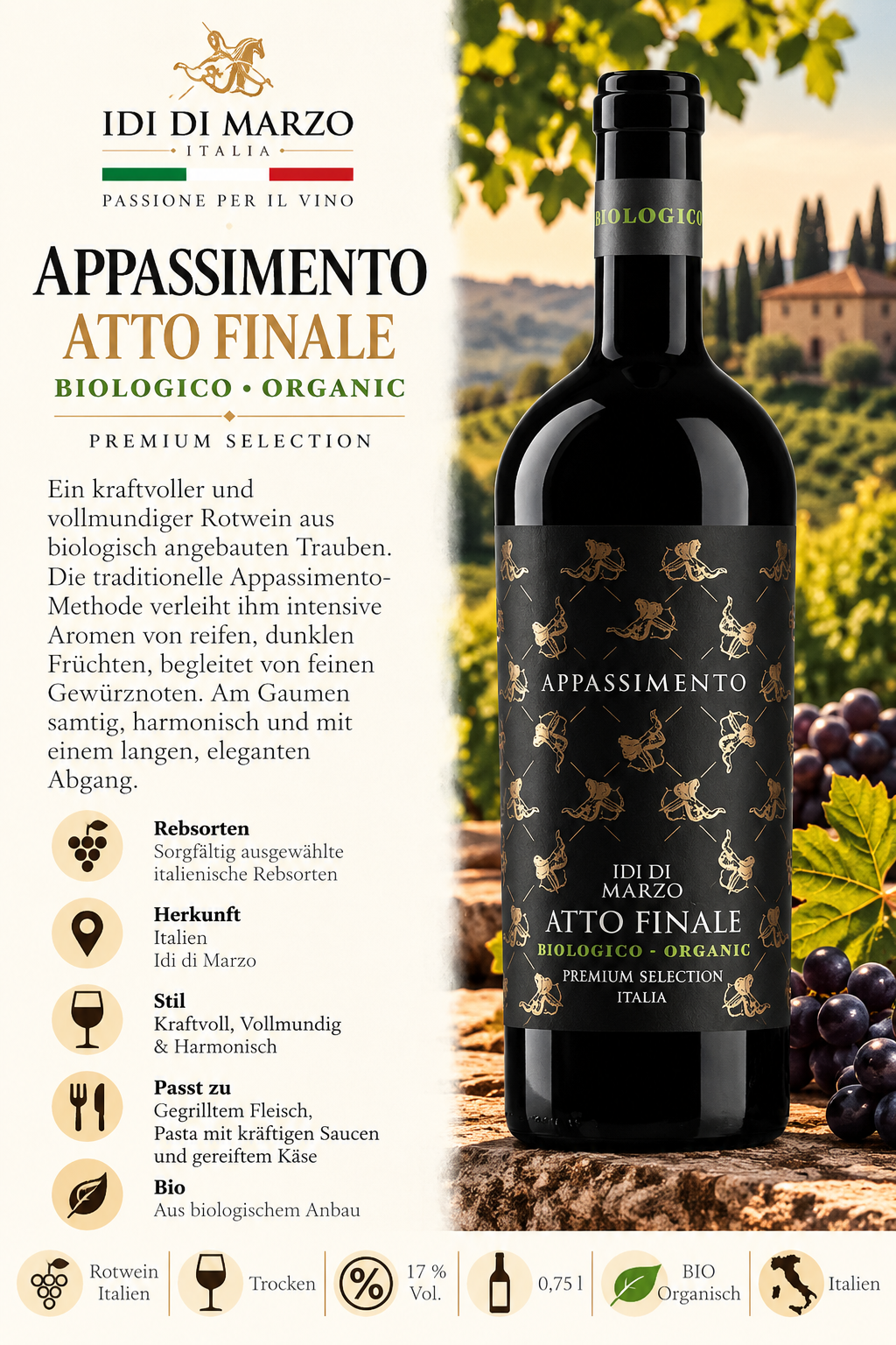 Rotwein, Biologisch, Italien, Pflanzenmotive, Etikettenschrift