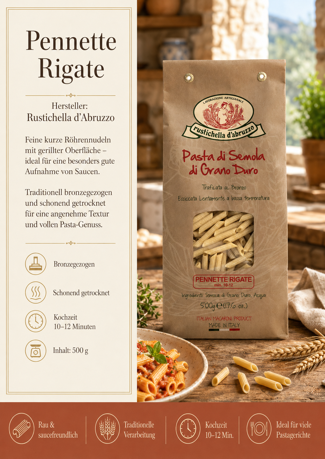 Pasta, Penne Rigate, Pasta aus Semola, Bronzegezogen, 500 g
