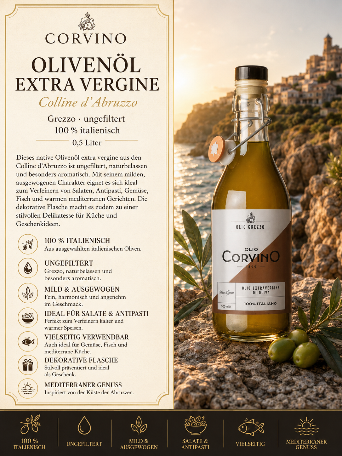 Olivenöl, Extra Vergine, Italienisch, 0,5 Liter, Glasflasche