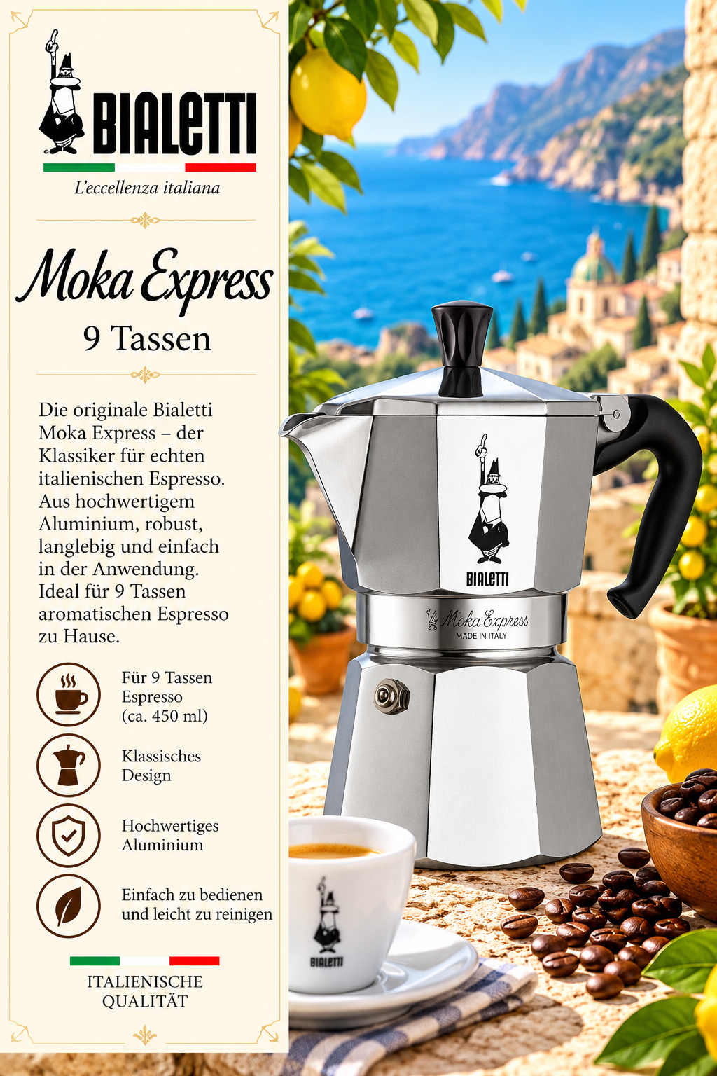 Moka Express, Espresso-Kanne, Aluminium, Kaffeemaschine, 9 Tassen