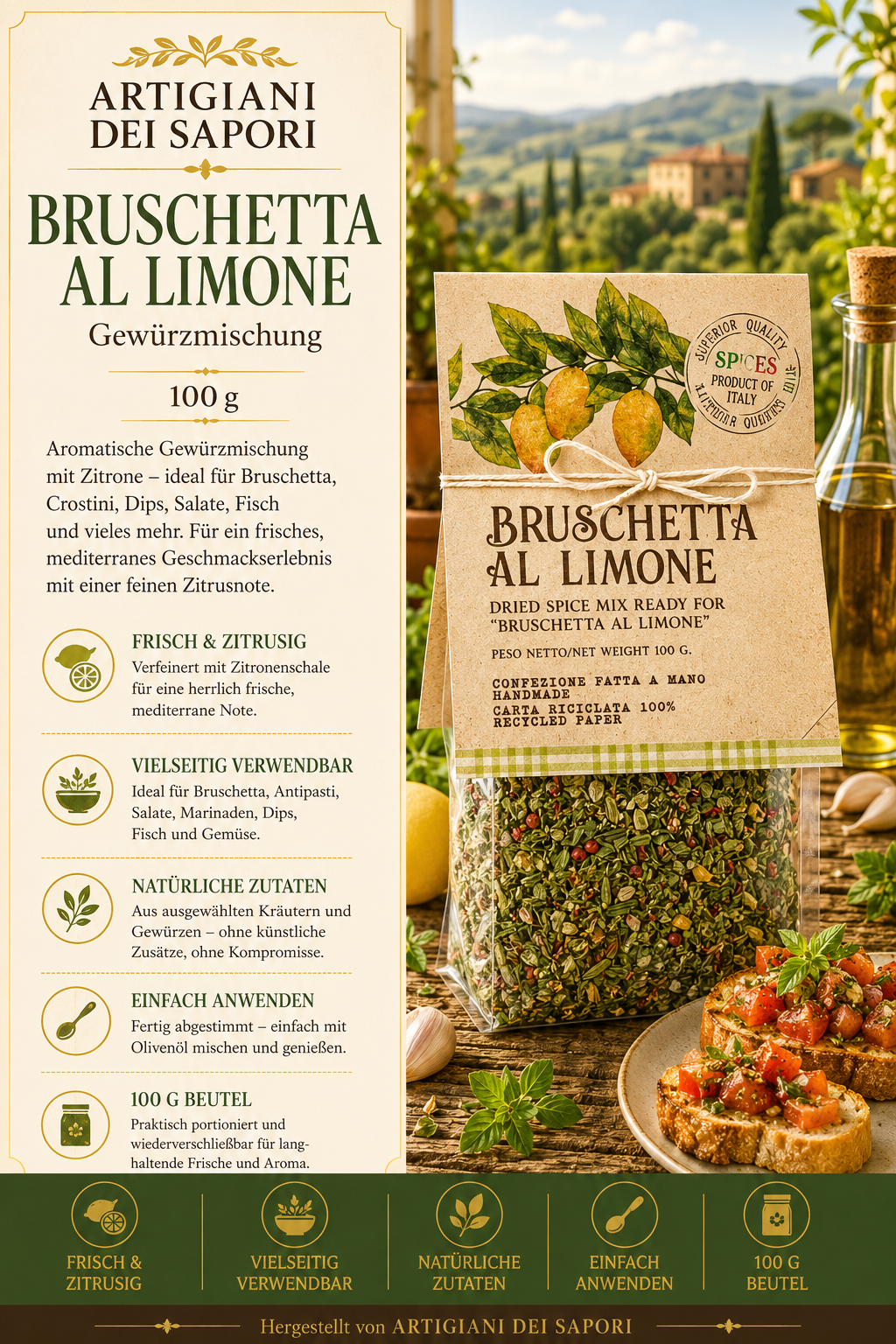 Bruschetta, Limone, Gewürzmischung, 100 g, Recyclingpapier