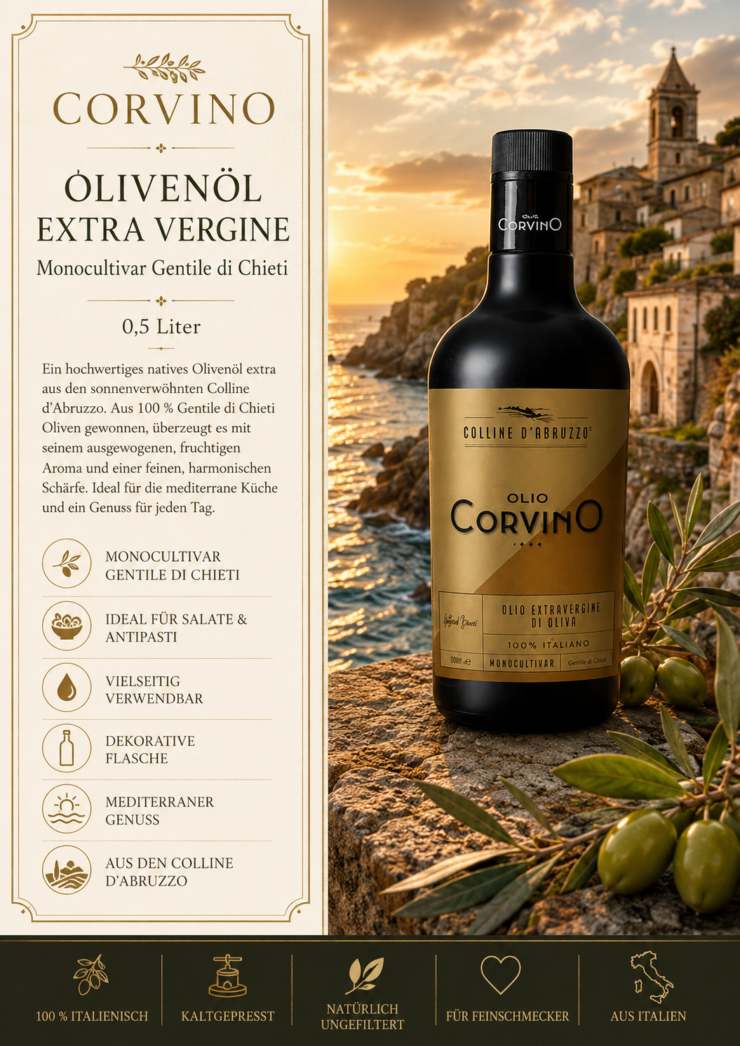 Olivenöl, Extravagran, Corvino, Monocultivar, Italienisches Olivenöl
