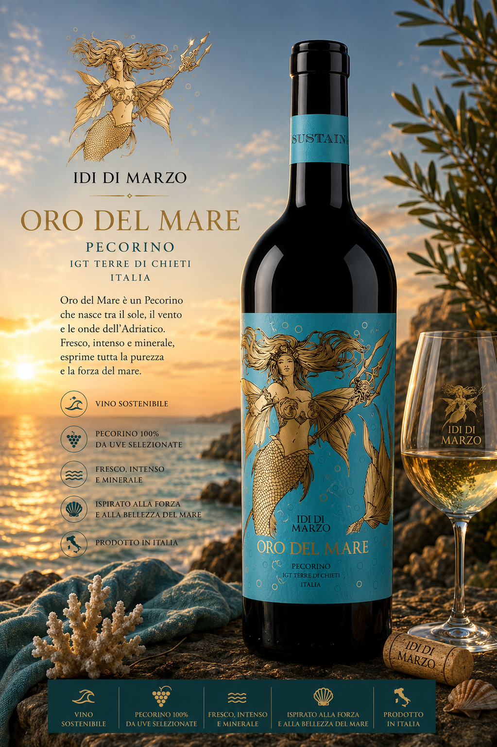 Wein, Pecorino, Oro del Mare, Flasche, Etikett Blau