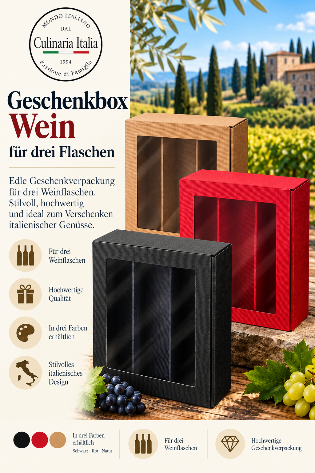 Wein Geschenkbox, Geschenkverpackung, drei Flaschen, Holzoptik, Italienisch design