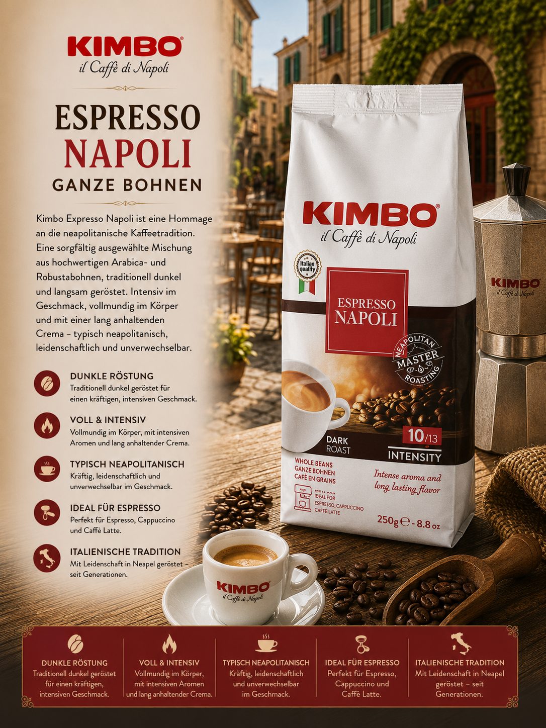 Kaffe, Espresso, Napoli, ganze Bohnen, KIMBO
