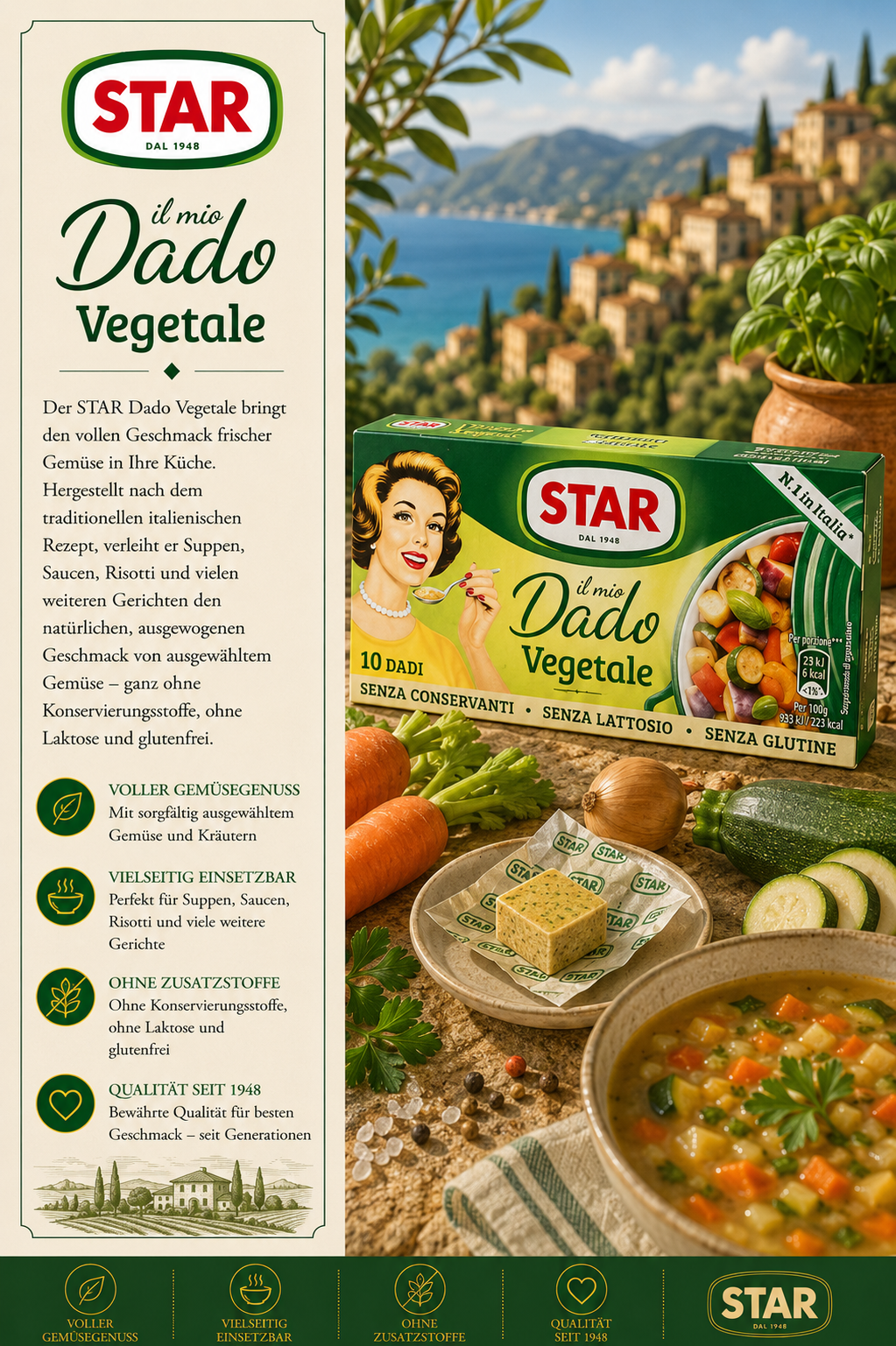 Gemüse-Pasta, Dado Vegetale, STAR Verpackung, italienische Küche, glutenfrei