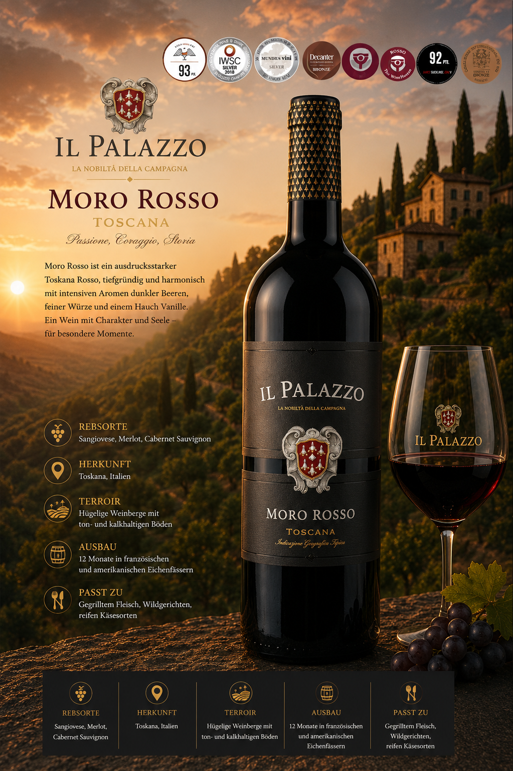 weinflasche, rotwein, toscana, il palazzo, gläser