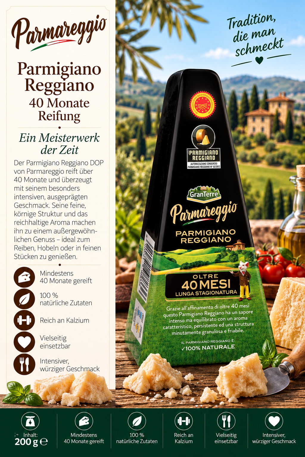 Käseform, Parmigiano Reggiano, 40 Monate, Reifung, natürliche Zutaten