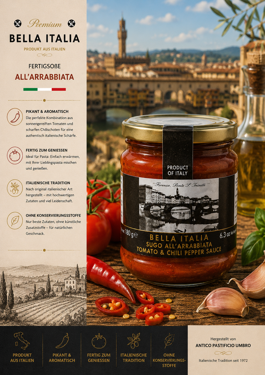 Tomatensoße, Chilipeper, Glasglas, Italien, Glutenfrei