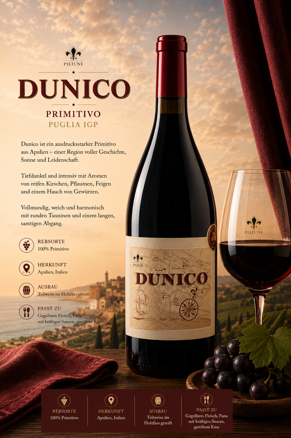 Weinflasche, Rotwein, Primitivo, Etikett, Glas Wein