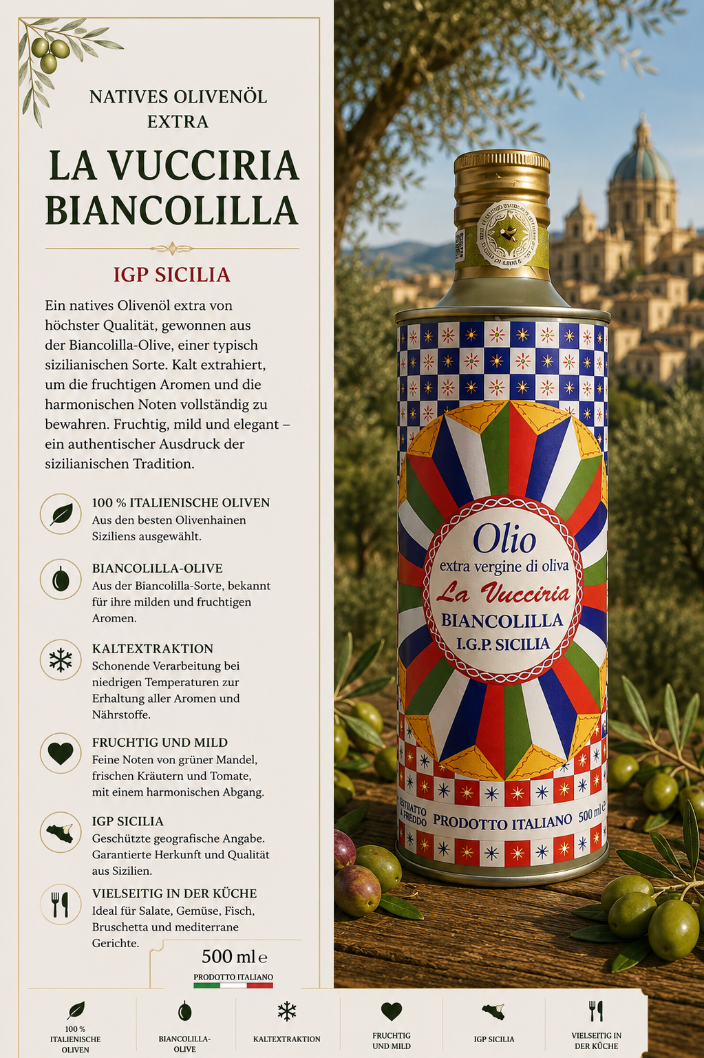 Olivenöl, Extra Vergine, Biancolilla, Biancolilla-Olive, 500 ml