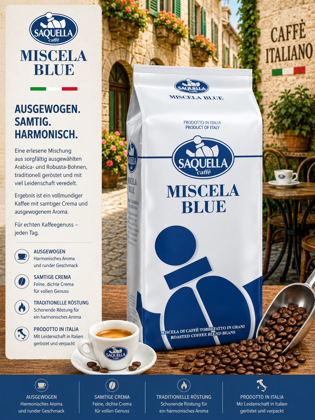 Kaffee, Kaffeehaus, Mischung Blue, Geröstete Bohnen, Beutel